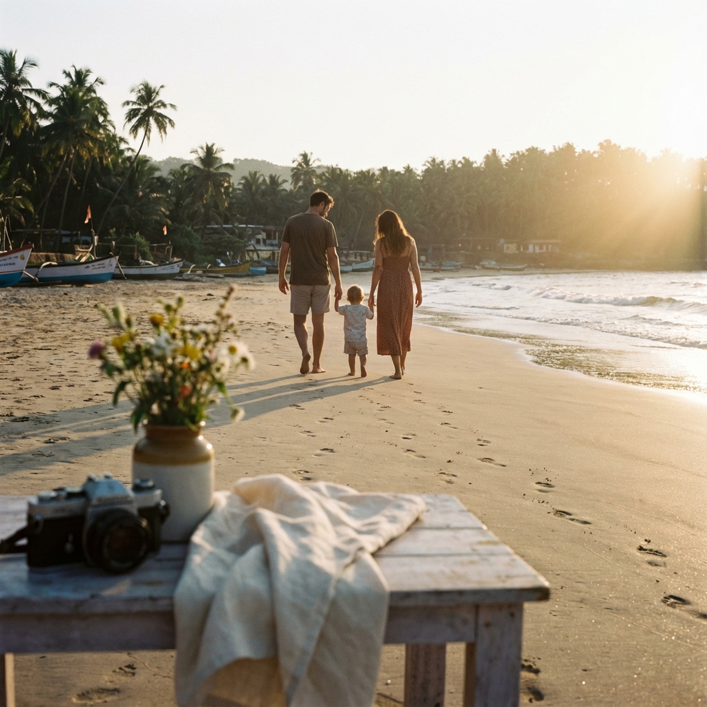 Candid couple laughing on a Goan beach at golden hour, capturing a genuine moment of connection.